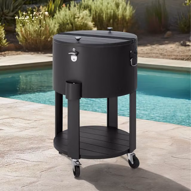 Sunjoy Rolling Ice Chest in Black with Stainless Steel