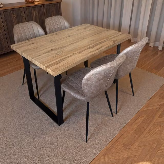 Madefor.living Colorado Rectangular Dining Table with 4 Jaydn Leather Chairs in Beige and Brown