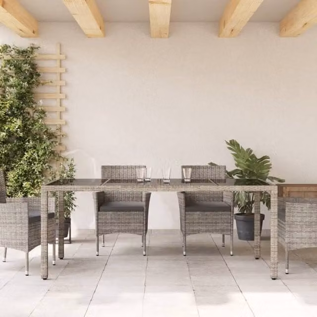 Berkfield Home Grey Poly Rattan Extendable Garden Table with Glass Top, W/D/H: 190 x 90 x 75 cm