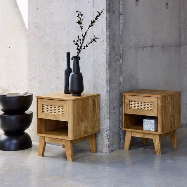 sweeek Set of 2 Wood Effect and Rattan Bedside Tables in Brown, W/D/H: 39 x 30 x 49 cm – 1