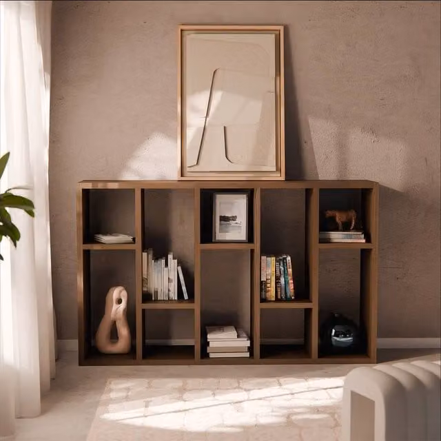 sweeek 5-tier Asymmetrical Bookshelf with 10 Compartments in Dark Brown, H 190.0 x W 111.2 x D 39.0 cm
