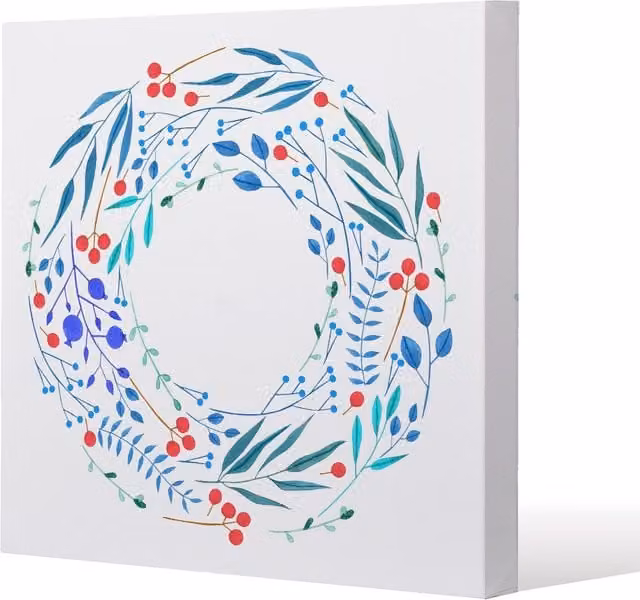 Benjamin Tate Design Blue Decorative Wreath Slim Style Canvas Print in Natural, W/H: 30 x 30 cm