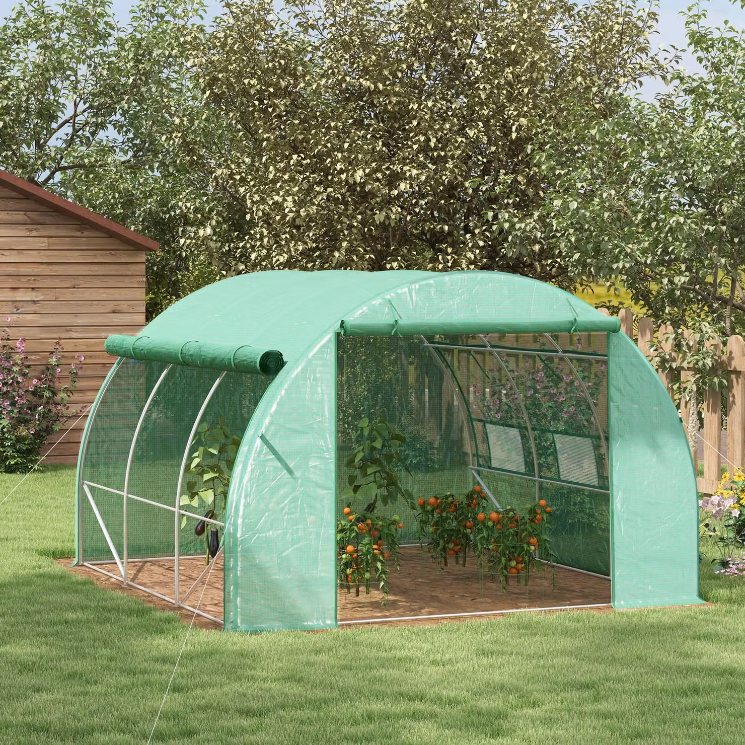 Outsunny Walk-in Polytunnel Greenhouse in Green with Roll-up Sidewalls, Zipped Door and 6 Ventilation Windows, W: 300 cm, D: 300 cm, H: 200 cm – 2