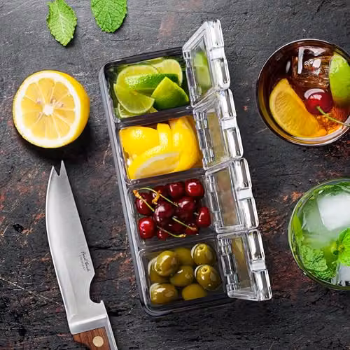 Final Touch 5 Piece Garnish Bar Caddy Set in Clear Acrylic with 4 Removable Compartments and Non-Slip Base – 5