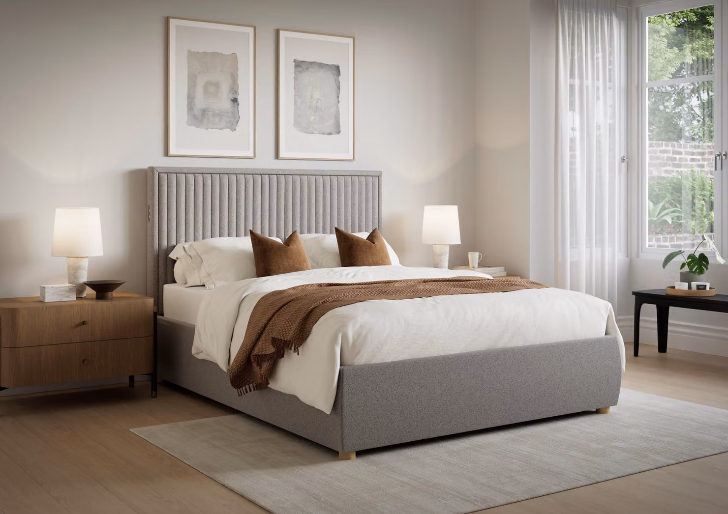 TEMPUR Duxford Upholstered Ottoman Bed Frame in Grey Fabric with USB Charging Port and Oak Accents