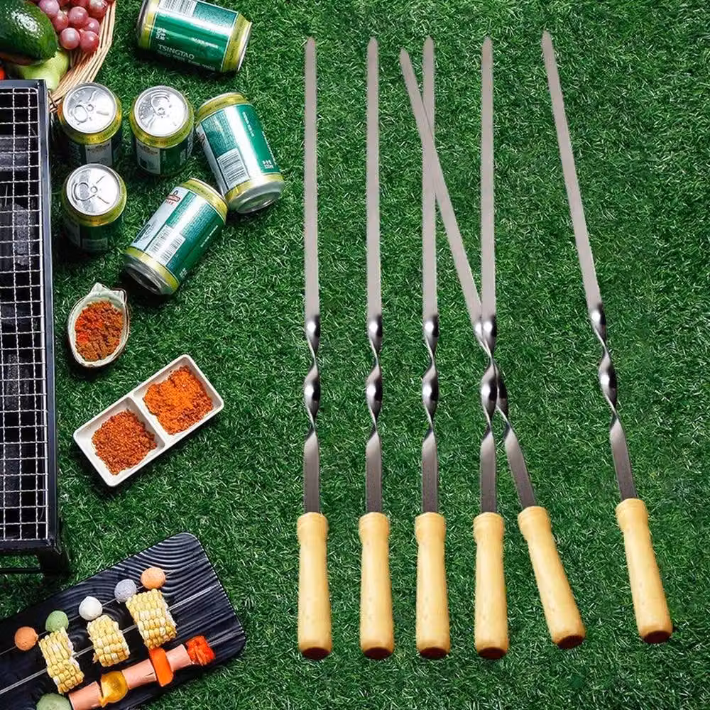 FLAVORA 12-Piece Steel BBQ Kebab Skewers with Wooden Handles in Metallic Silver – 3