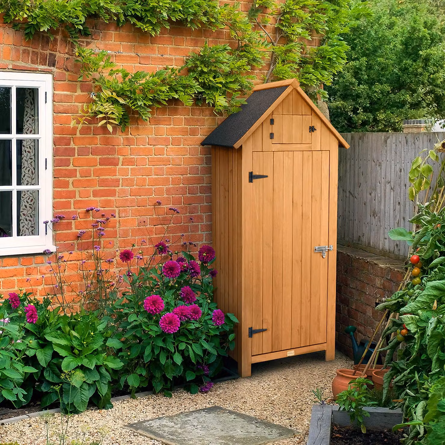 Christow Tall Wooden Garden Cabinet in Natural with Single Lockable Door and Shelving, H: 179.5 x W: 54.2 x D: 77.5 cm – 2
