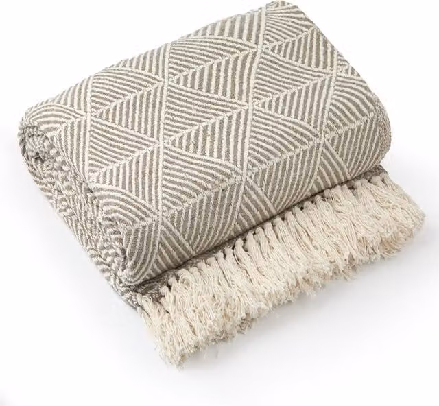 Emma Zahra Woven Cotton Geometric Boho Throw in White, Yellow and Beige, W: 228 cm, D: 254 cm