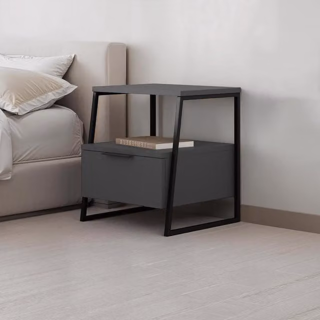 FWStyle Modern 1 Drawer Bedside Table with Black Metal Frame in Anthracite Grey