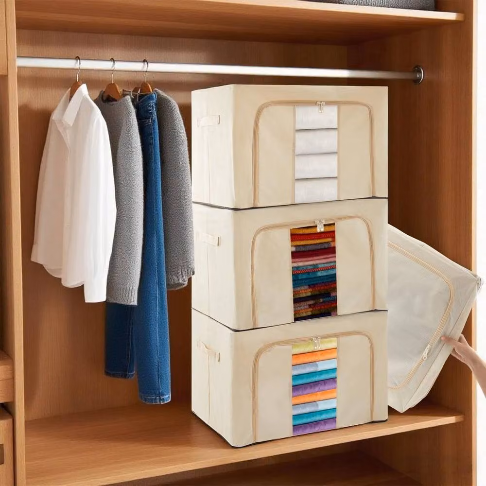 EONLION 66L Beige Foldable and Stackable Fabric Storage Box with Steel Frame, W: 50 cm x D: 31 cm x H: 50 cm – 2