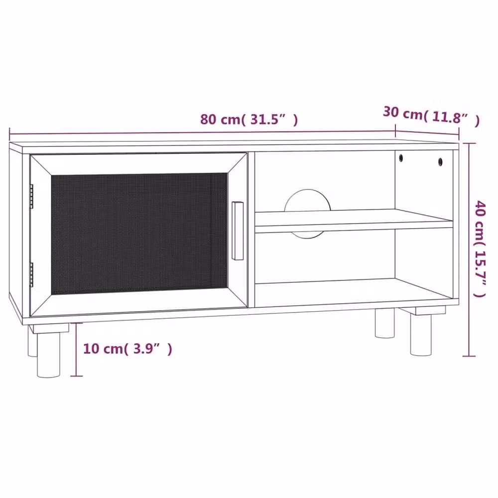 Berkfield Home Black TV Cabinet in Solid Pine and Natural Rattan, W/D/H: 80 x 30 x 40 cm – 5