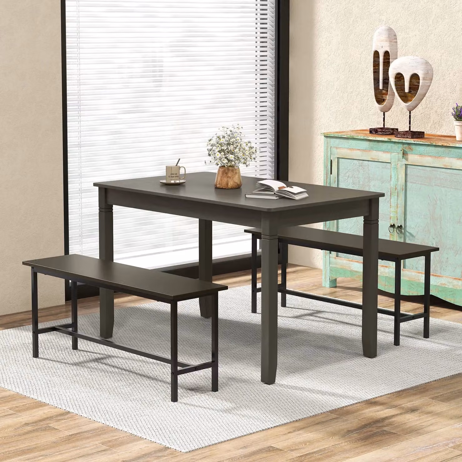 Gymax Rectangular Wooden Dining Table for 4 People in Grey and Black, W: 122 cm – 7