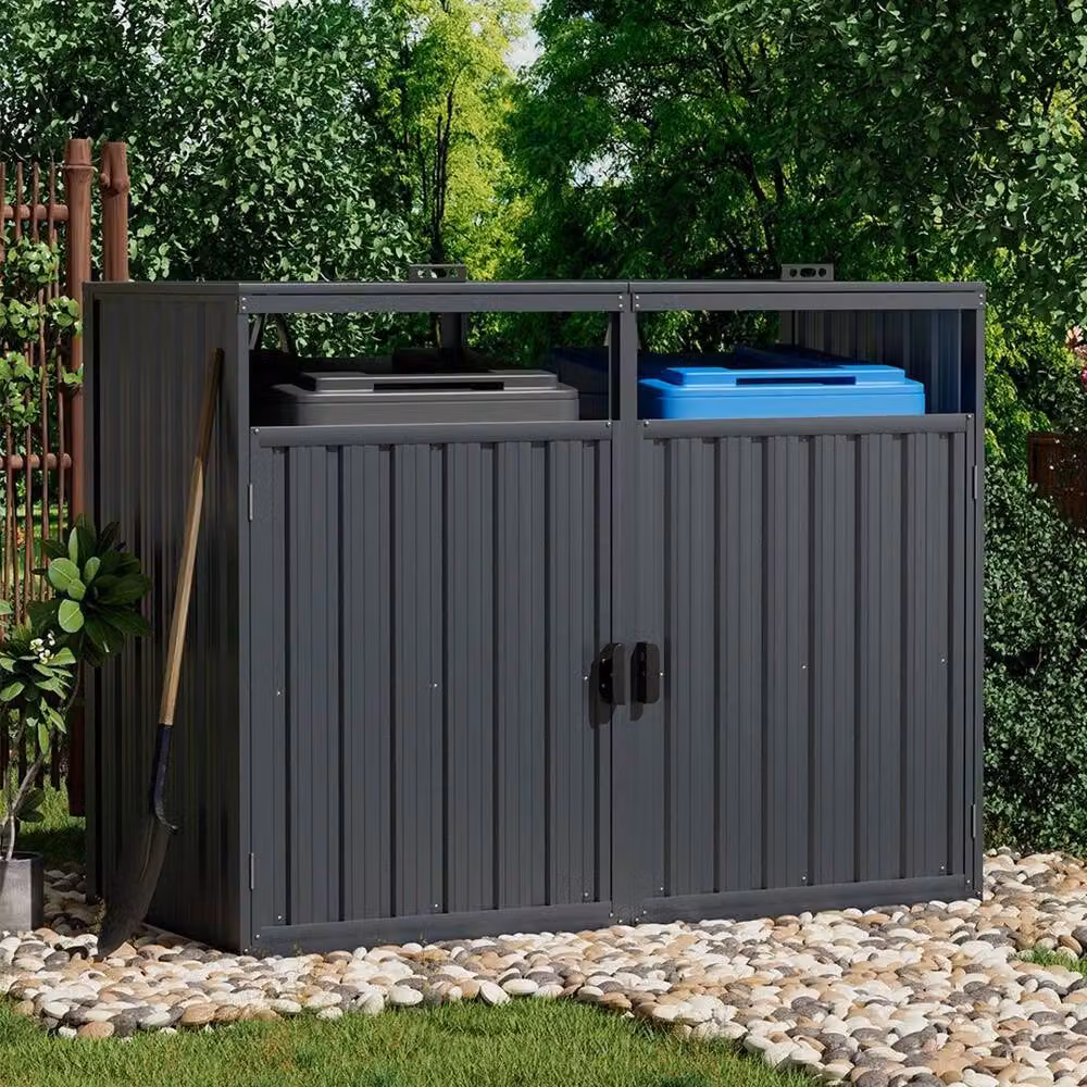 FLAVORA Grey Metal Outdoor Double Wheelie Bin Storage Shed – 3