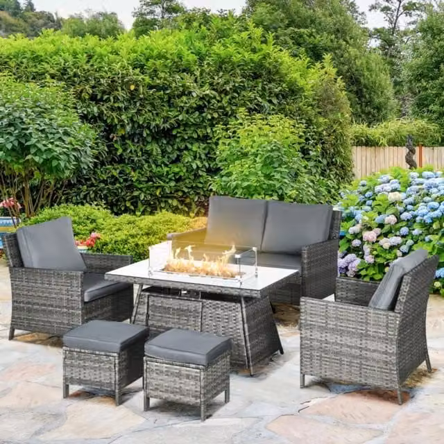 Chilli Seating Modern 6 Seater Grey Rattan Fire Pit Table Set