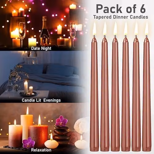 Deco Express Set of 6 Classic Dripless Tapered Metallic Copper Candles – 6