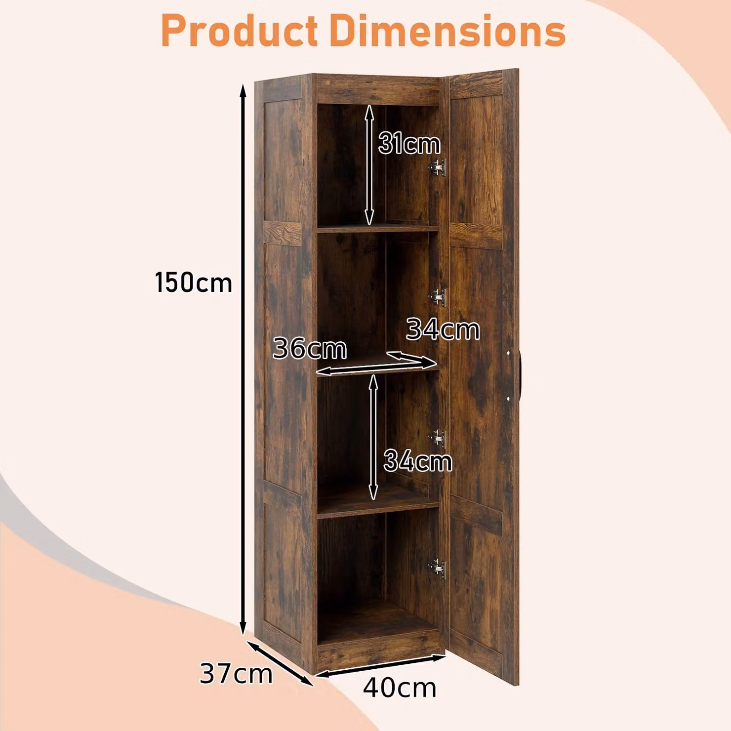 Costway 4-Tier Freestanding Tall Storage Cabinet in Brown with Hinged Doors, H 150 x W 40 x D 40 cm – 2
