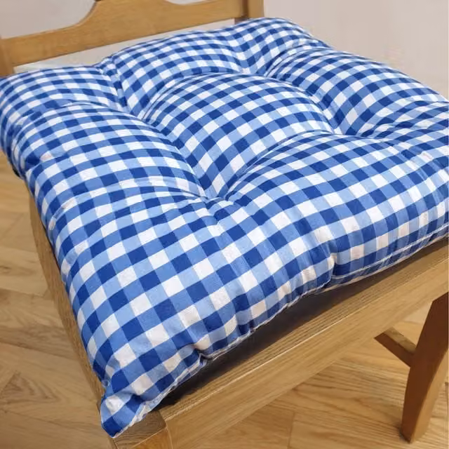 Kitchenwise Bluebell Gingham Check Quilted Seat Pad Cushion in Blue Cotton and Polyester