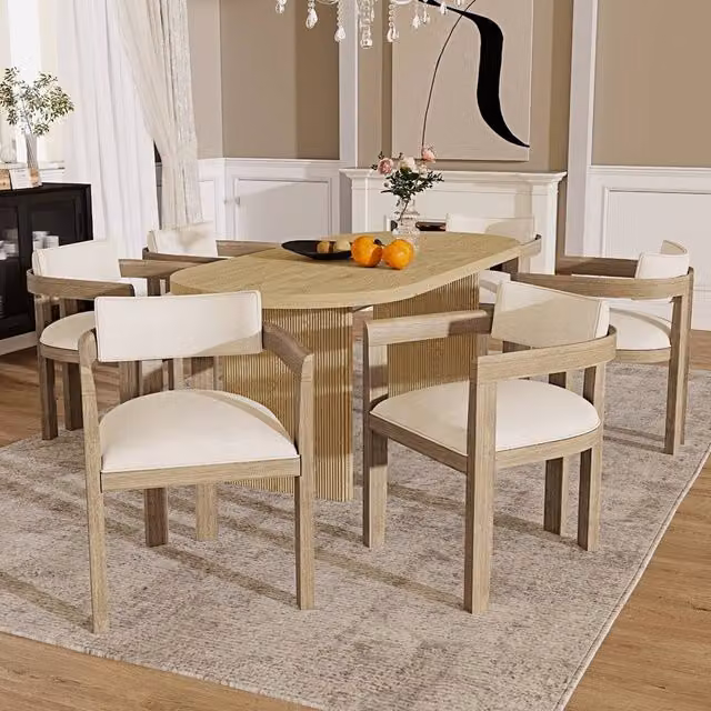 Rolipo Set of 6 Scandinavian Oak Dining Chairs with Beige Linen Fabric Upholstery in Natural