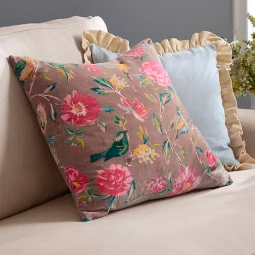 Wylder Aviary Cotton Velvet Country Garden Bird Decorative Cushion, Mink, W/D/H: 50 x 50 x 50 cm – 3