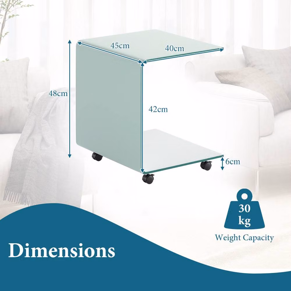 Gymax C-Shaped Tempered Glass Side Table with 2-Tier Shelf and 4 Lockable Wheels in White – 3