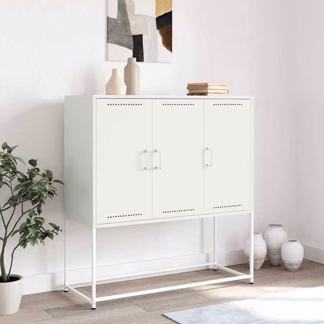Berkfield Home White Steel Highboard with Hinged Doors and Internal Shelves, W/D/H: 100.5 x 39 x 107 cm