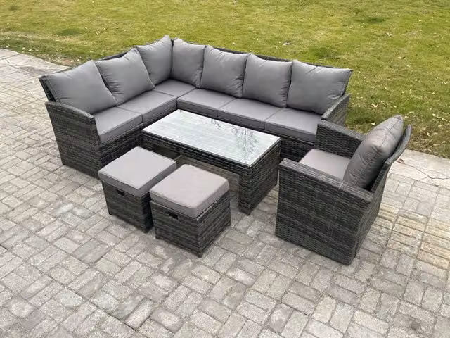 Fimous 9 Seater Outdoor Rattan Garden Furniture Set in Dark Grey with Corner Sofa, Oblong Coffee Table, Armchair and 2 Footstools