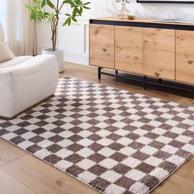 Livabliss Fossay Checkered Shag Washable Rug in Dark Brown, W: 140 cm, L: 200 cm
