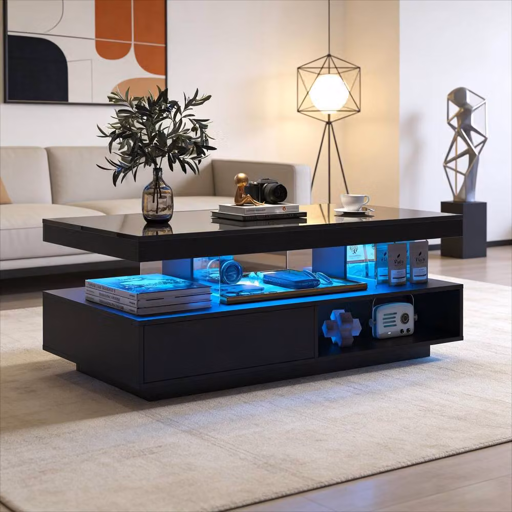 BTM Modern High Gloss LED Coffee Table with 2 Drawers in Black – 2