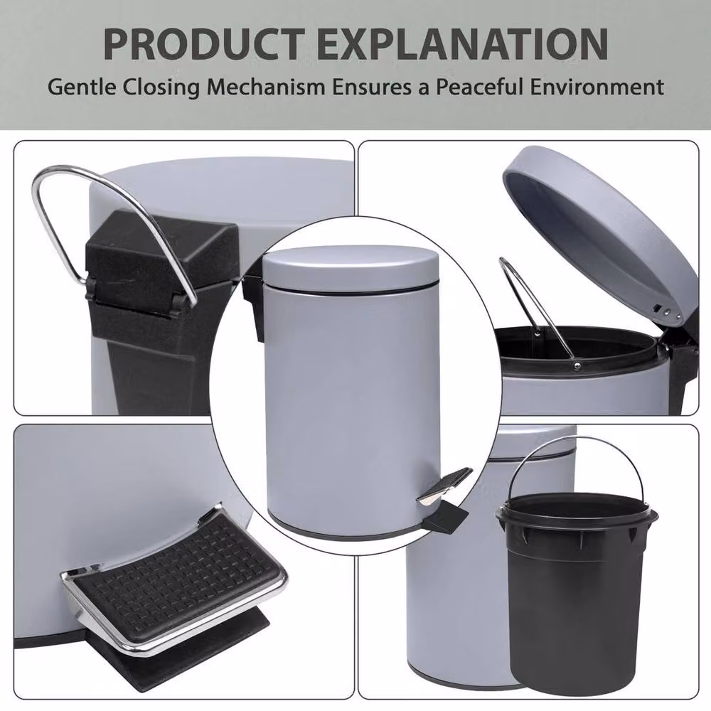 VOGREX Grey 3L Small Stainless Steel Pedal Waste Bin for Bathroom and Kitchen – 4