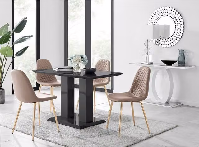 FurnitureboxUK Imperia Black Glass Dining Table and 4 Corona Gold Leg Chairs in Cappuccino
