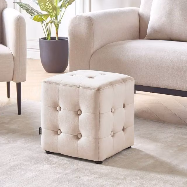 Wyld and Coco Velvet Cube Pouffe in Beige