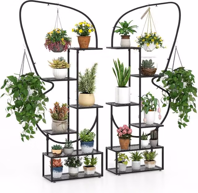 COSTWAY 6-Tier Butterfly-Shaped Metal Flowerpot Shelf, Black, H 185 x W 26 x D 26 cm