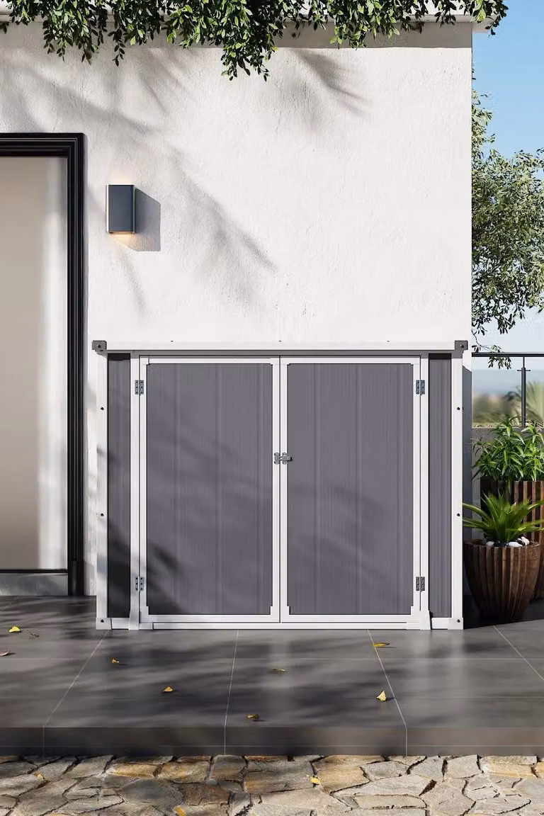 Garden Sanctuary Modern Grey Outdoor Garden Tool and Bicycle Storage Shed with Double Hinged Doors