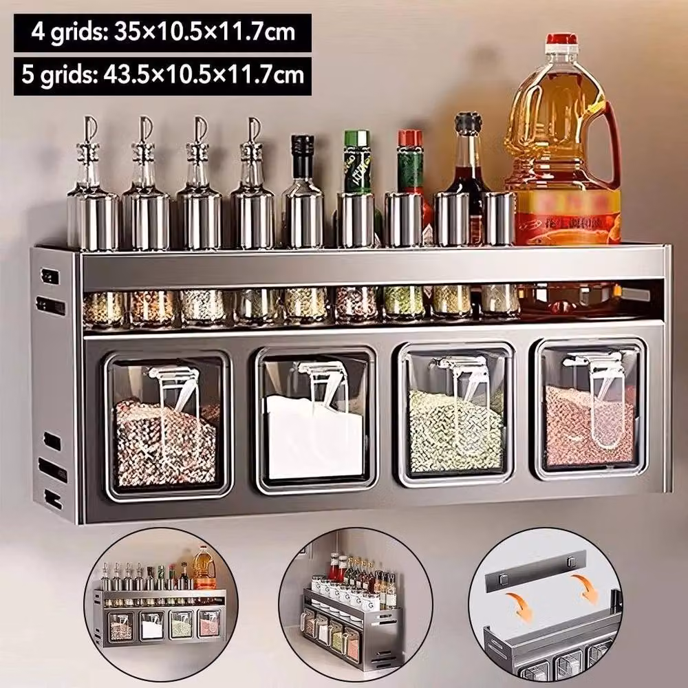 SPETLEK Wall Mounted Aluminium Spice and Herb Jar Rack Holder in Dark Grey – 3