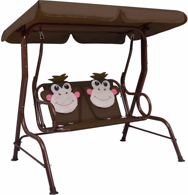 Berkfield Home Kids Swing Bench in Brown with Sun Canopy and Fabric Seat, W: 115 cm, D: 75 cm, H: 110 cm – 1