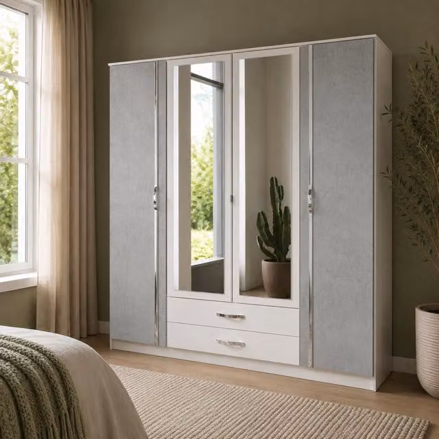 Duo Matt White and Grey 4 Door 180cm Wardrobe with Mirror