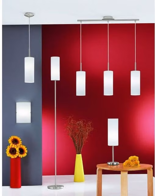 Eglo Troy 3 Modern Cylinder Glass and Metal Pendant Light in White and Silver