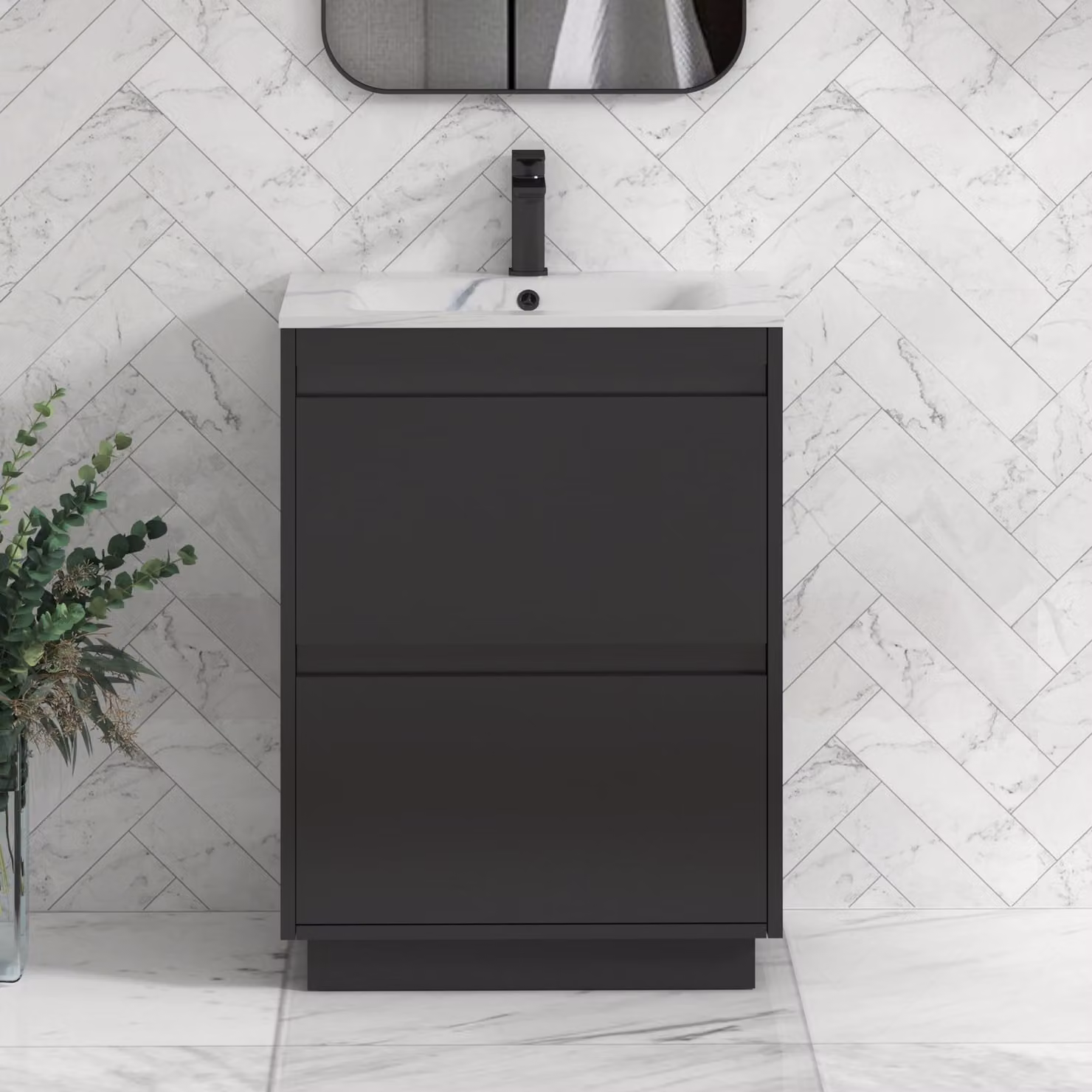 Royal Bathrooms Orion 600mm Floor Standing 2 Drawer Vanity Unit in Matt Obsidian Black with Carrara White Basin and Black Accent Trim
