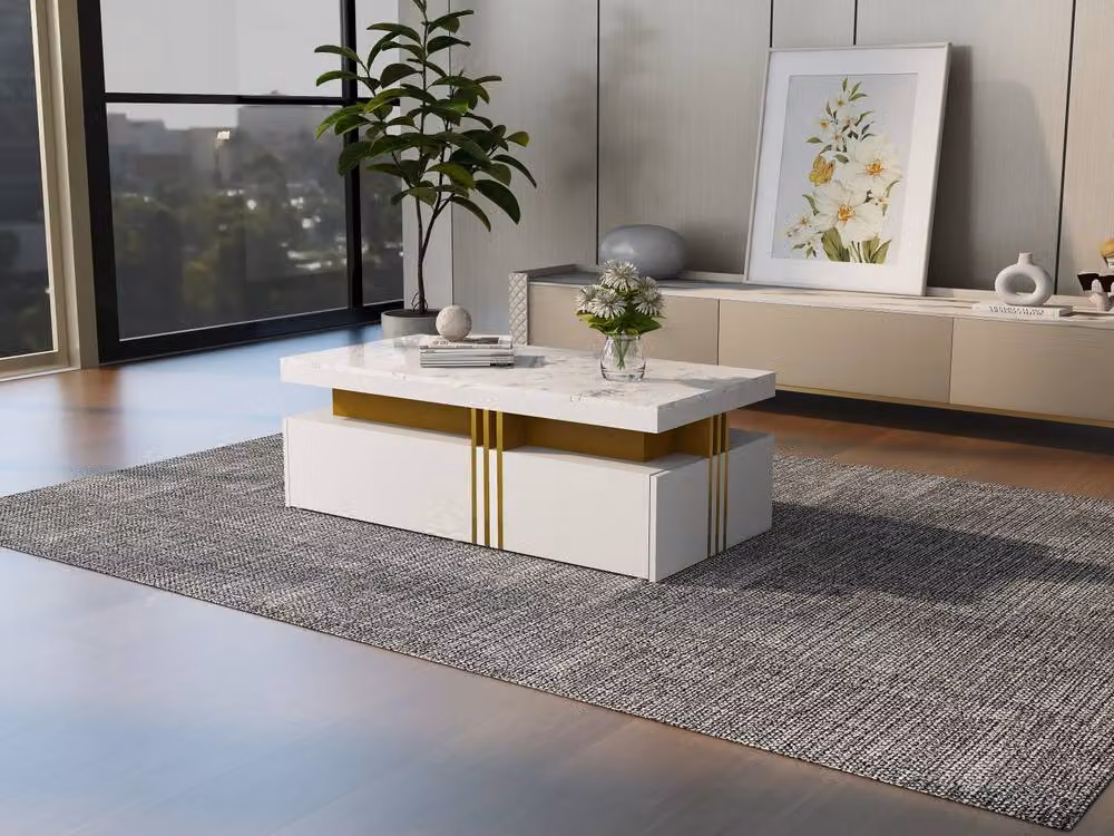 ModernLuxe Modern Rectangular Coffee Table with Marble Top and 2 Drawers in White, W/D/H: 50.0 x 40.0 x 40.0 cm – 3