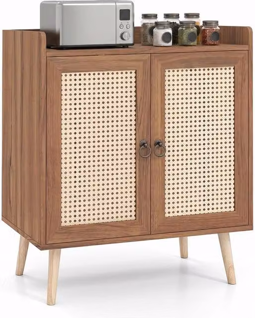 Costway Brown Rattan Sideboard Buffet Cabinet with Adjustable Shelf and Metal Accents – 1