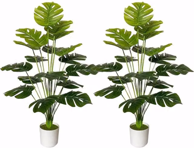 FLAVORA 2-Pack Artificial Monstera Potted Green Plants in White Pots
