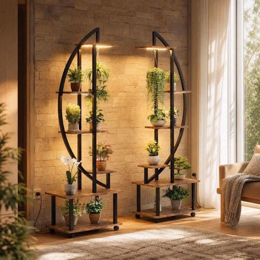 London Boutique 6-Tier Rolling Plant Stand with LED Grow Lights in Brown – 3