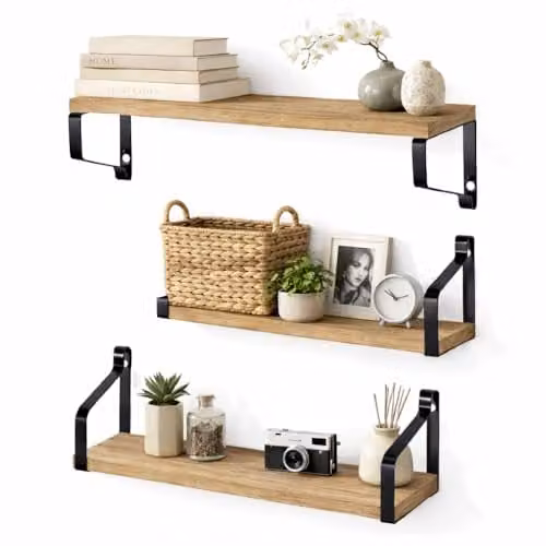 Harbour Housewares Set of 3 Brown Industrial Wooden Floating Shelves with Metal Brackets, Wall Mounted Storage Display for Kitchen, Bathroom, Bedroom or Living Room – 1