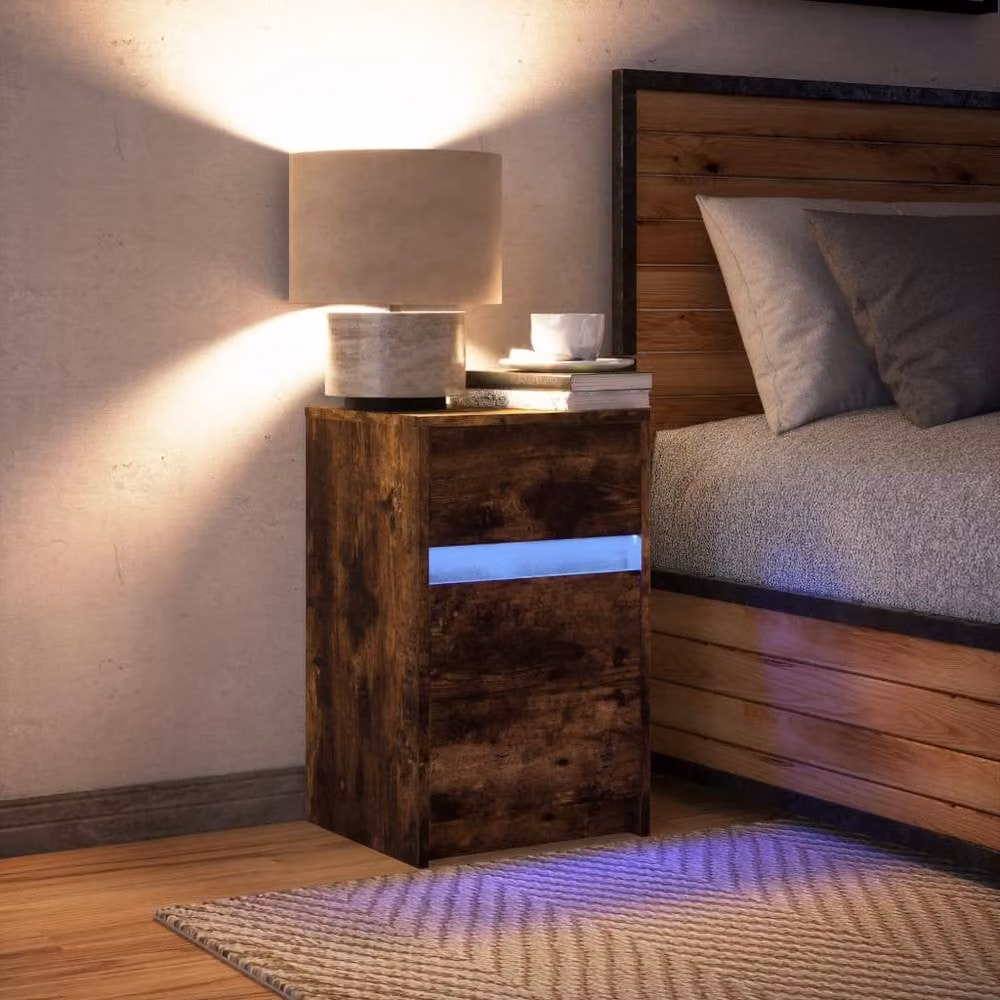 Berkfield Home Modern Bedside Cabinet with Integrated LED Lights in Smoked Oak Brown, W/D/H: 38 x 34 x 61 cm – 3