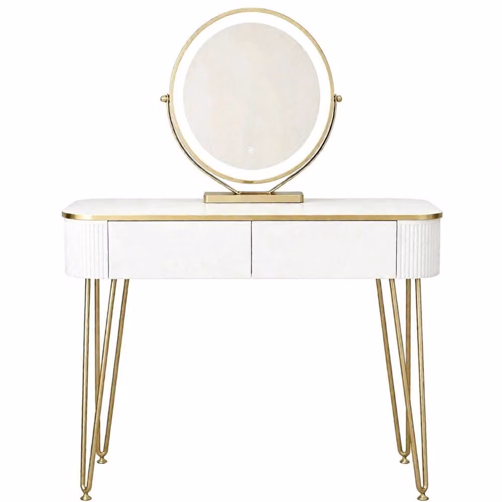 Merax White and Gold Glossy Dressing Table with Hollywood LED Mirror and 2 Drawers, W/D/H: 121 x 40 x 76.7 cm – 3