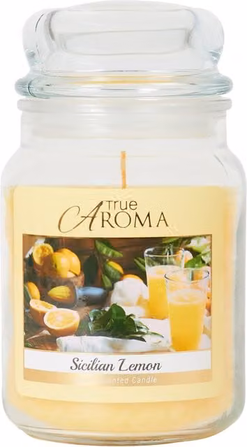 True Aroma Sicilian Lemon Mason Jar Candle, Yellow Glass Tabletop Candle with Fresh Fruity and Spicy Notes
