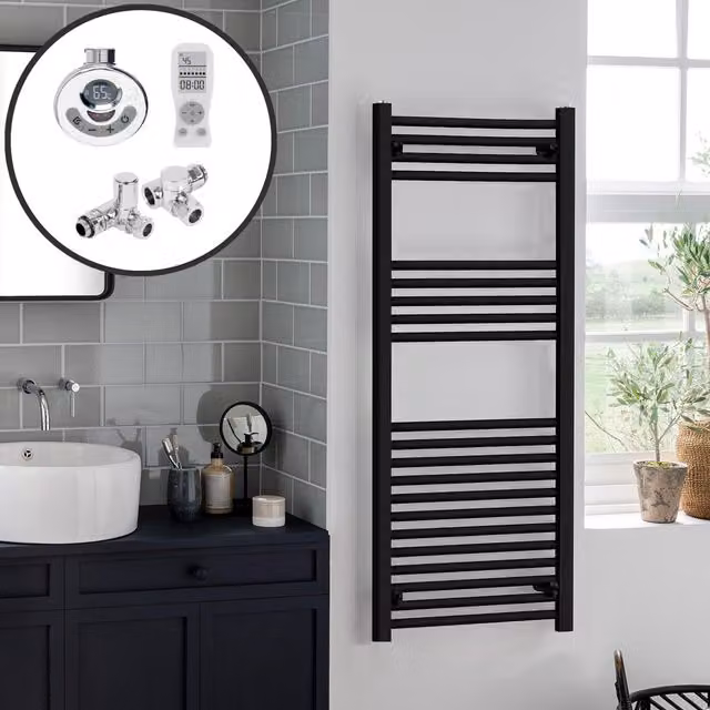 Sola SolAire Black Thermostatic Towel Rail with Window Open Detection and Boost Function, Width: 80 cm
