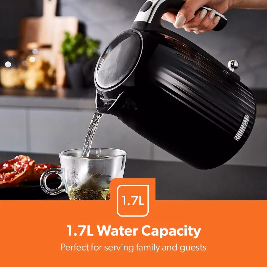 Geepas Black Fluted 1.7L Kettle and Toaster Set with 20L Digital Microwave