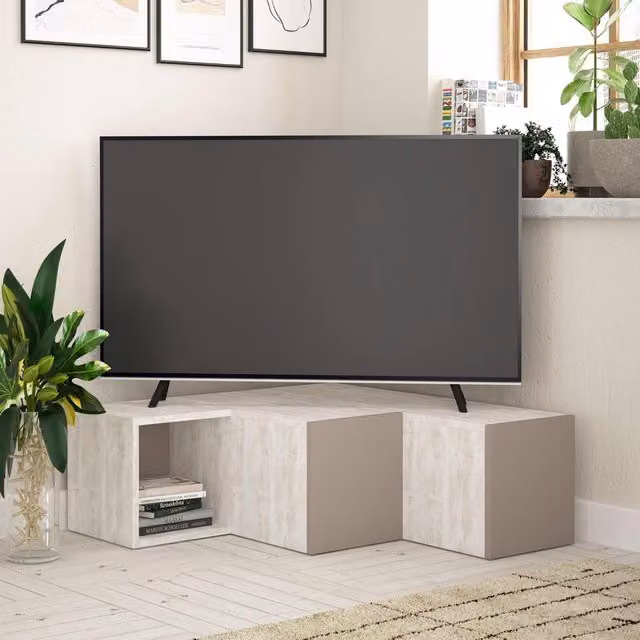 FWStyle 2 Drawer Corner TV Unit with Open Shelf in White Oak and Mocha Grey