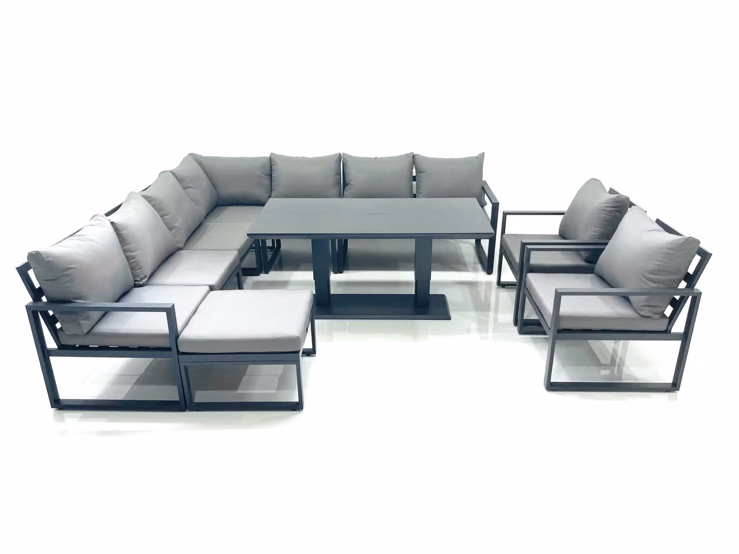 Fimous 10 Seater Outdoor Aluminium Garden Furniture Set in Dark Grey with Corner Sofa, Big Footstool, 2 Chairs and Height Adjustable Dining Table – 2